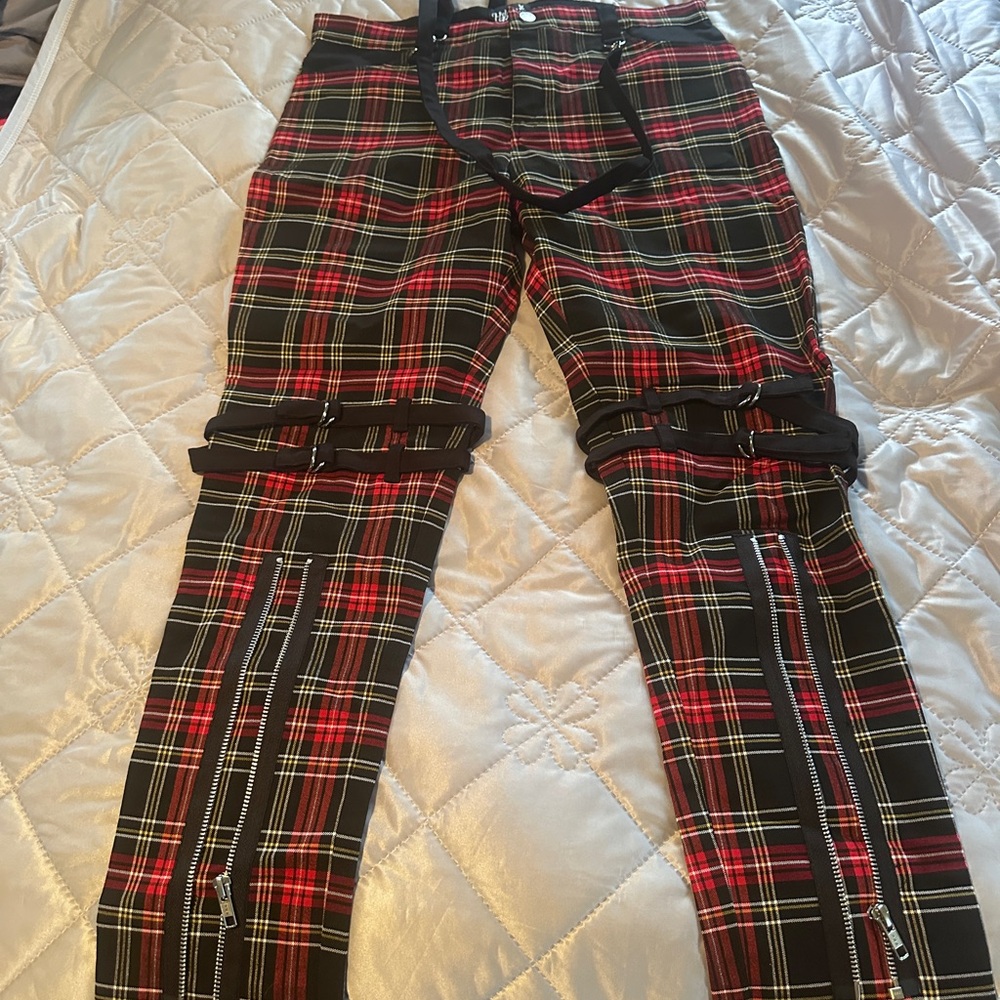 Hell Bunny Red and Black Plaid Straight Leg Pants